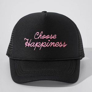 Black trucker hat with pink Choose Happiness embroidery and mesh back for outdoors