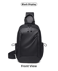 Front view of black waterproof nylon crossbody bag with dual zippers and side drawstrings