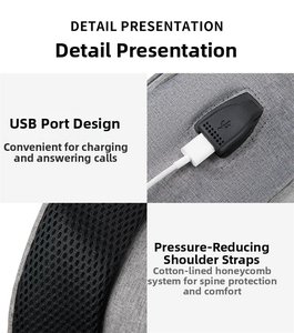 Detail view of the backpack with USB charging port and thickened honeycomb shoulder straps