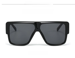 Front view of modern oversized square black sunglasses with high-gloss finish, model C01