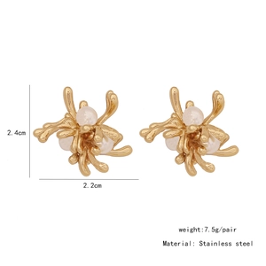Detail showing shell-shaped pearl earrings dimensions of 2.4cm by 2.2cm in gold stainless steel