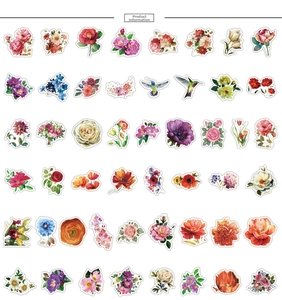 Detailed view of hand-drawn floral and hummingbird stickers for scrapbooking and DIY crafts