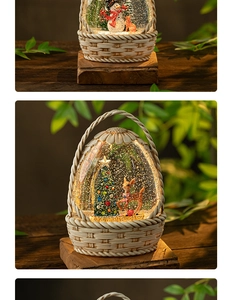 Detail view of a Christmas snow globe with a woven basket base and festive miniature scenery