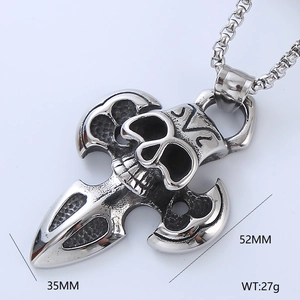 Detailed view of Gothic skull cross pendant with dimensions 52mm by 35mm and 27g weight