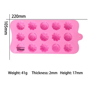 Pink 15-cavity flower silicone mold for DIY chocolates, candies, and ice cubes