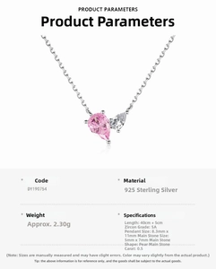 Detailed specs of S925 silver necklace featuring a 5x7mm pink pear-cut zircon pendant