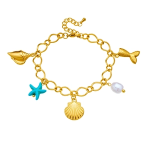 Gold-plated ocean charm bracelet with blue starfish, shell, and pearl on white background