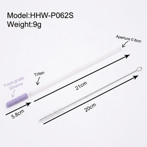 Reusable Tritan straw set with purple silicone case and metal cleaning brush on white
