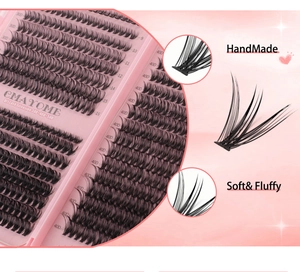 Detail view of 30D 40D 50D DIY cluster lash extensions in soft fluffy handmade style