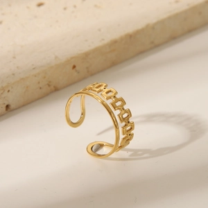Vintage gold crown style open ring in stainless steel with a geometric layered design