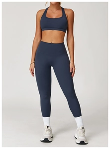 Vorderansicht von High-Waist-Yoga-Set mit Sport-BH und Leggings in Dunkelblau-Grau