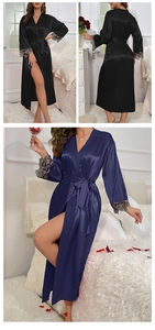 Détail de robes longues en satin avec dentelle florale grise aux poignets et ceinture