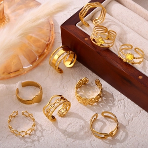 British retro gold plated titanium steel open rings with geometric hollow layered designs