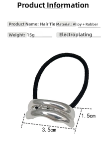 Detailed size view of silver wavy metal U-shaped ponytail holder and elastic hair tie