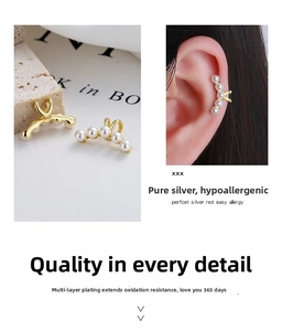 Detail showing elegant 925 silver pearl ear cuff with gradient pearls on model ear