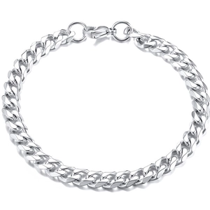 Classic silver stainless steel Cuban link bracelet with lobster clasp on white background
