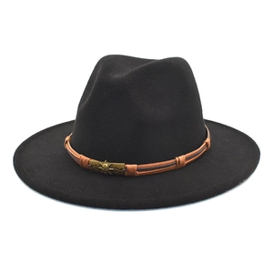Classic black wool fedora hat with a wide brim and vintage gold medallion leather band