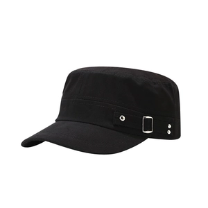Classic black cotton cadet cap with silver buckle and stud detail in side profile view