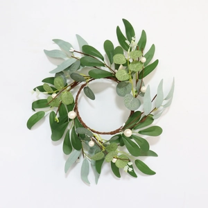 Artificial Eucalyptus Willow Leaf Candle Ring Wreath Satin Greenery With Faux Artificial Pearls For Wedding Home Table Decor