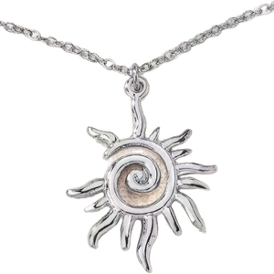 Retro vortex sun pendant necklace in silver finish with bohemian spiral sunburst design