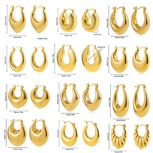 Stainless Steel Chunky Hoop Earrings For Women 18K Gold Plated Hollow Polished Waterdrop U-Shape Geometric Ear Jewelry Gift