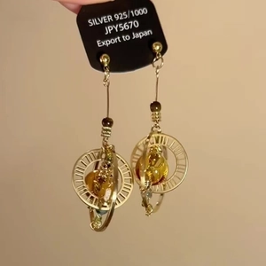 925 silver vintage celestial saturn ring earrings with amber crystal beads in gold finish