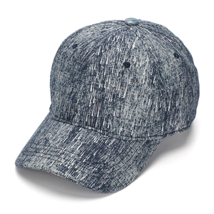 Close-up of blue denim baseball cap showing detailed rain-like vertical silk texture