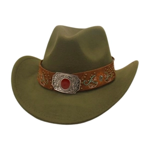 Detail of army green felt cowboy hat featuring a silver embossed buckle and red gemstone