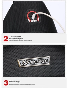 Detail der wasserdichten Oxford-Brusttasche mit Gummikopfhörerloch und Logo-Plakette