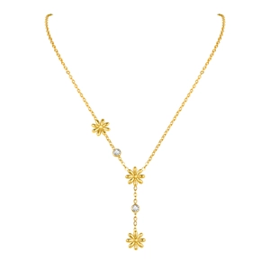 Gold stainless steel Y-shaped necklace featuring daisy flower charms and clear zircon stones