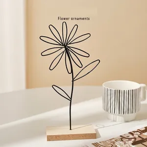 Nordic iron flower ornament on wood base for minimalist living room decor