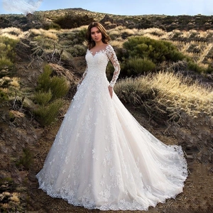 White Lace Long Sleeve Wedding Dress Deep V Neck A-Line Bridal Gown With Elegant Train Vintage Style Women