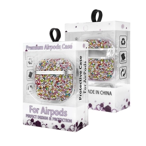 Detailed shot of sparkling rhinestone AirPods case in premium retail packaging