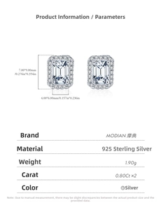 Detailed specs of S925 silver emerald cut moissanite stud earrings with dimensions