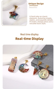 Macro shot of assorted resin pendants filled with colorful natural crystals and gold motifs