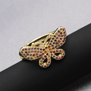 Bague papillon ajustable en or avec zircons cubiques colorés pour femmes