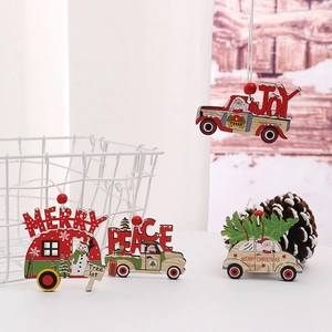 Set of four painted wooden Christmas tree ornaments with vintage car and holiday designs