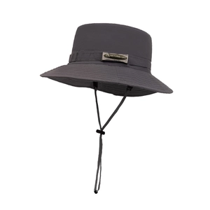 Dark grey quick-dry sun hat with adjustable drawstring and mountain patch for hiking