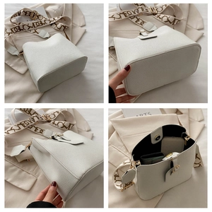 Detailed four-way view of a white PU leather bucket bag with a patterned wide strap