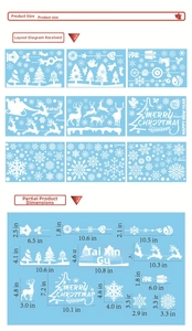 Detailed view of blue Christmas window stickers with Santa, tree and snowflake dimensions