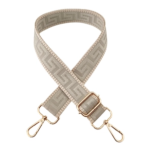 Detail of adjustable 3.8cm canvas bag strap with geometric pattern and gold hardware