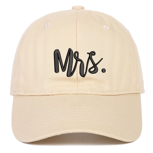 Close-up of Mrs. black embroidery on cream cotton twill baseball cap with curved brim