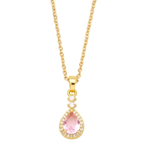 Detail of pear-cut pink gemstone pendant with halo diamonds on a gold chain