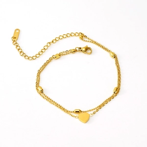 Elegant 18K gold-plated double-layer stainless steel anklet with heart pendant and beads