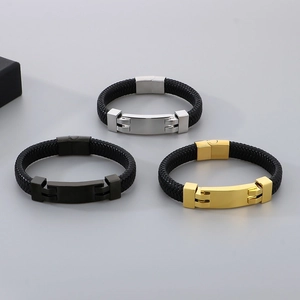 Three braided leather bracelets for men with gold, silver and black metal clasps details