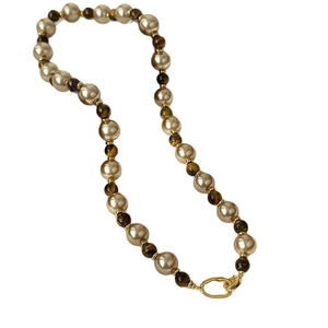Tiger eye stone square pendant pearl necklace with vintage gold beads and clasp