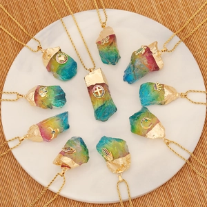 Natural Crystal Stone Pendant Necklace Irregular Rainbow Rough Rock Gold Plated Stainless Steel Chain Fashion Jewelry