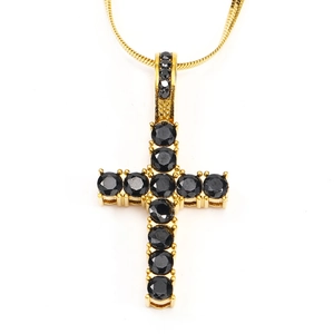 Hip hop zircon cross pendant necklace with black gems and gold plated stainless steel chain
