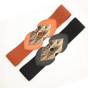Women's elastic waist belt with gold leaf metal buckle in black and brown variants