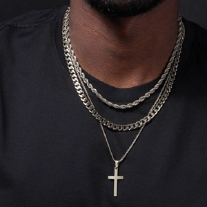 Men's multi-layer silver stainless steel necklace set with a cross pendant on twisted chain